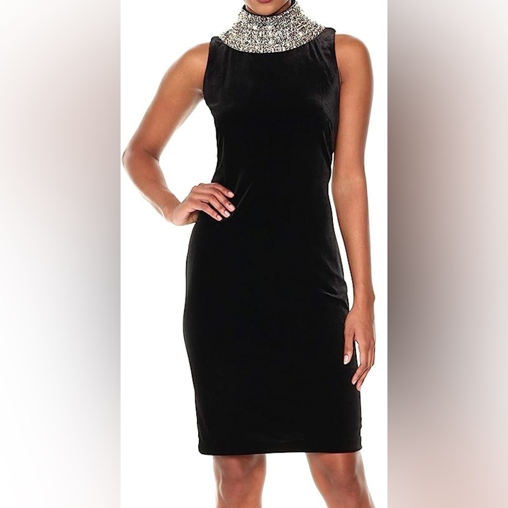 S.L. Fashions Women's Beaded High Neck Black Dress